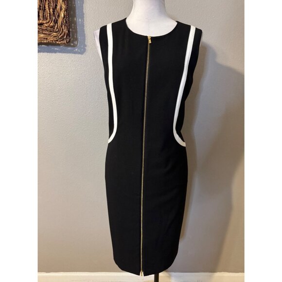 Calvin Klein Sheath Dress 14 Black White Piping Front Zip Sleeveless Career - Picture 14 of 15